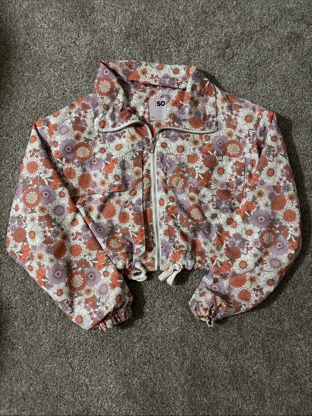 SO Cropped Floral Zip Jacket in Orange, Purple & White
